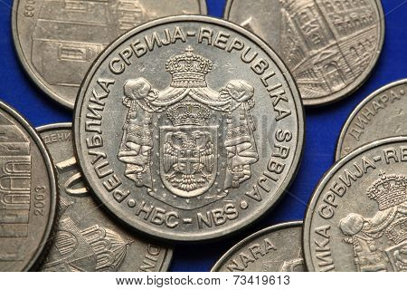 Coins of Serbia. Serbian national coats of arms depicted in Serbian dinar coins. 
