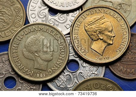 Coins of Denmark. Queen Margrethe II of Denmark depicted in Danish krone coins.