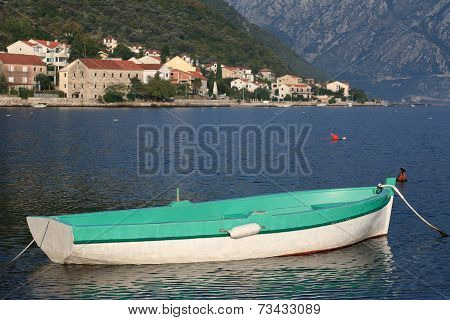 Greenfishing Boat Near The Village Stoliv In Montenegro.