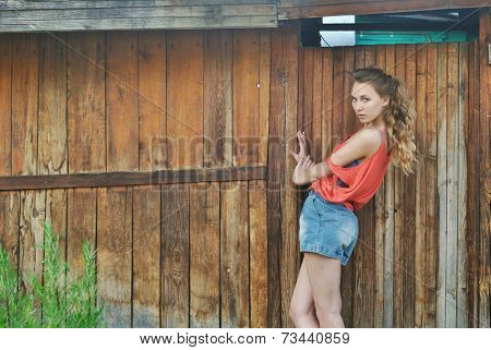 portrait photo of beauty model girl standing near wood wall in summer background