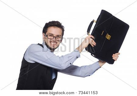 Funny businessman with briefcase isolated on white