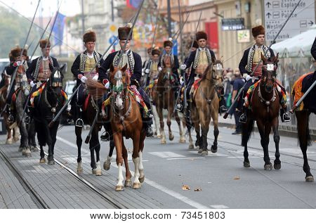 ZAGREB, CROATIA - OCTOBER 04: The parade of 70 participants, thirty horses and forty members of a brass band to the main square were announced next, 300th Sinjska Alka, on October 04, 2014 in Zagreb.
