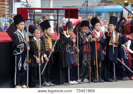 ZAGREB, CROATIA - OCTOBER 04: The parade of 70 participants, thirty horses and forty members of a brass band to the main square were announced next, 300th Sinjska Alka, on October 04, 2014 in Zagreb.