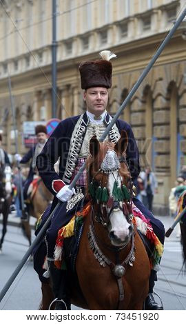 ZAGREB, CROATIA - OCTOBER 04: The parade of 70 participants, thirty horses and forty members of a brass band to the main square were announced next, 300th Sinjska Alka, on October 04, 2014 in Zagreb.