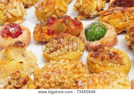 closeup of a pile of panellets, typical pastries of Catalonia, Spain, eaten in All Saints Day