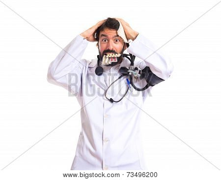 Crazy Doctor Over White Background