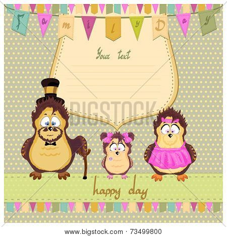 Happy family of owls