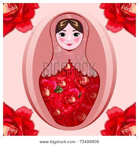 Painted matryoshka in crimson roses