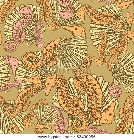 Sketch Seahorse And Shell In Vintage Style