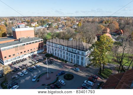 Aerial View Of Rural City In Latvia. Valmiera