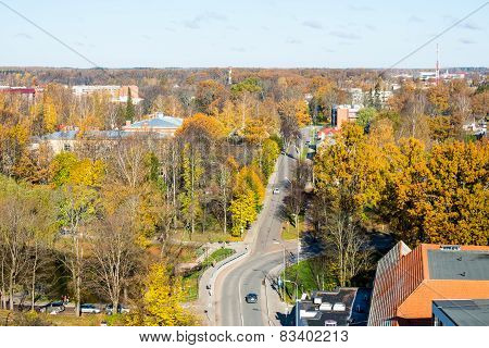 Small Town Panoramic View From Above In The Autumn