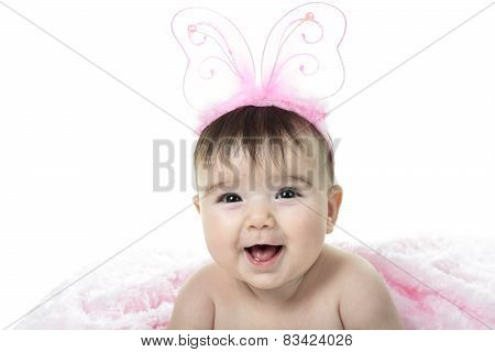 happy baby girl 4 months old over white