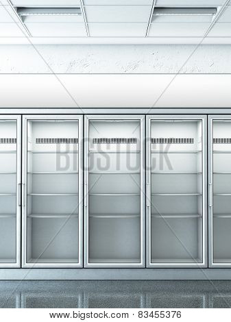 store with an empty fridge