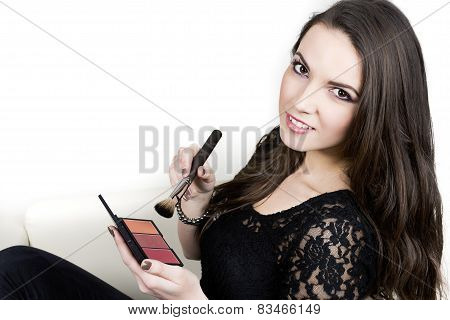 Girl With Makeup  Holding Brush And Blush Palette