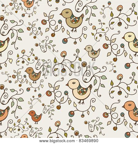 Vector seamless cute nature birds retro pattern.