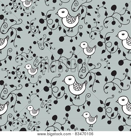 Vector seamless cute nature birds retro pattern.