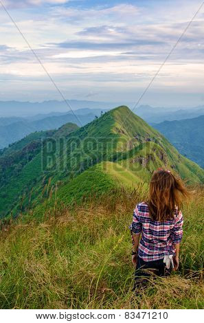 Woman At The Top Of  (khao Chang Puak) Mountains In Thailand