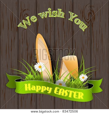 Easter Card With Bunny And Wooden Background