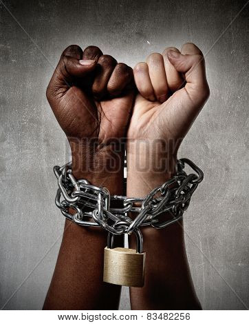 White Race Hand Chain Locked Together With Black Ethnicity Woman Multiracial Understanding