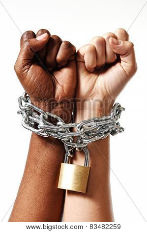 White Race Hand Chain Locked Together With Black Ethnicity Woman Multiracial Understanding