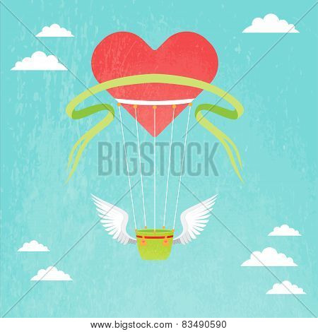 Hot air balloon with red heart and wings. Valentines day card