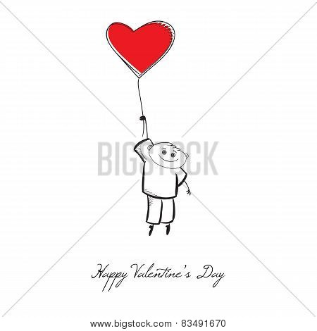 Black and white boy with a red heart balloon. Valentines day car