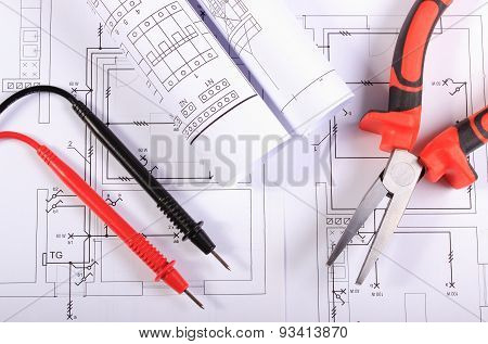 Electrical Diagrams, Cables Of Multimeter And Metal Pliers