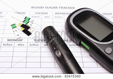 Glucometer And Accessories On Empty Medical Forms For Diabetes