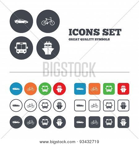 Transport icons. Car, Bicycle, Bus and Ship.