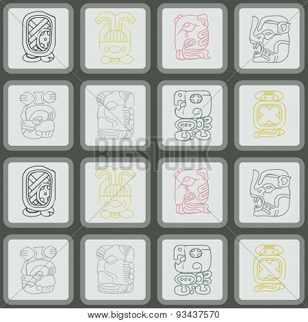 Seamless background with Maya calendar named months and associated glyphs