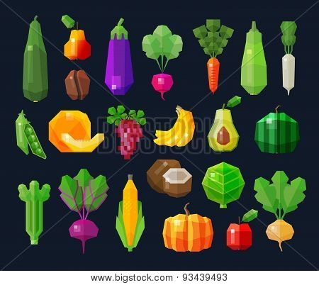 vegetables and fruits, fresh food icons set. collection of elements - eggplant, radish, carrot, cabb