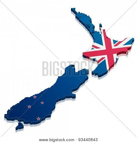 detailed illustration of a map of New Zealand with flag, eps10 vector