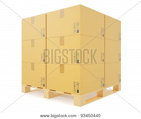Warehouse concept of stacked cardboard boxes on wooden pallets for transportation of shipping isolat