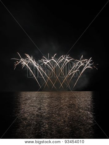 Colorful Fireworks With Reflection On Lake.