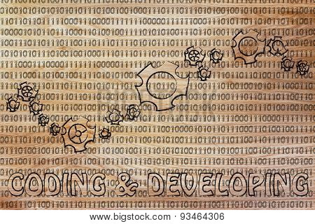 Gearwheels On Binary Code, Concept Of Coding & Developing