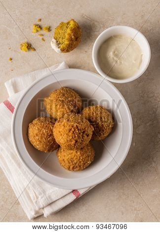 Falafel - popular middle eastern street food with garlic sauce. Top view.
