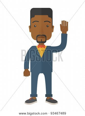 A failure black businessman standing waving his hand. He needs help. Bankruptcy concept. A Contemporary style. Vector flat design illustration isolated white background. Vertical layout
