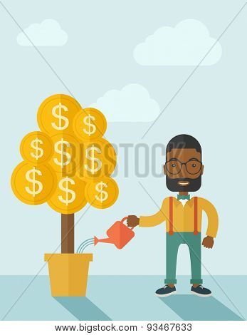 An african businessma standing while happily watering a money tree growing bigger in a pot as a sign of his success in business. Hardworking concept. A contemporary style with pastel palette soft blue