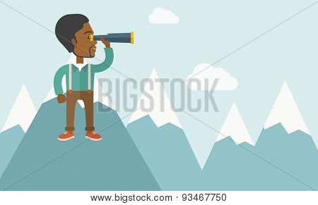 A black businessman holding telescope on the top of blue mountain with snow trying to get ideas on the sky. A contemporary style with pastel palette soft blue tinted background with desaturated clouds