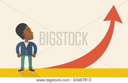 An african-american businessman standing beside the red arrow pointing up. Successful business concept. A Contemporary style with pastel palette, soft beige tinted background. Vector flat design