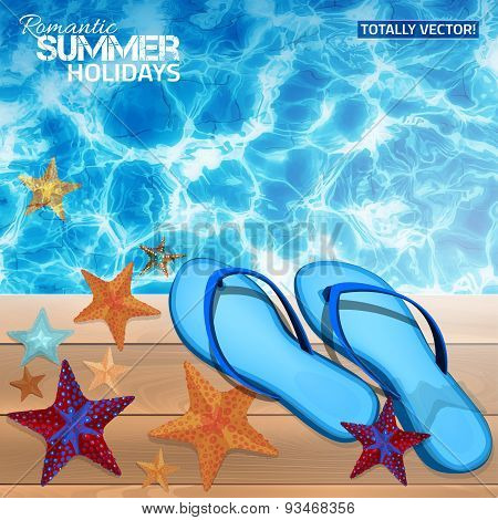 summer background with blue flip-flops.