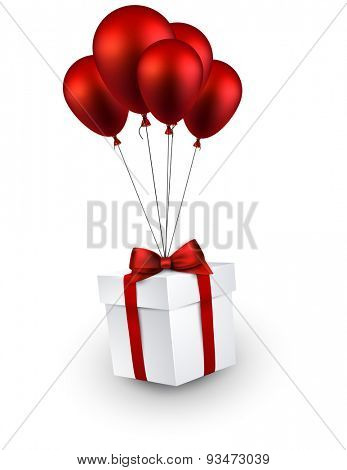 Gift box with red bow flying on balloons. Celebration background. Vector illustration. 