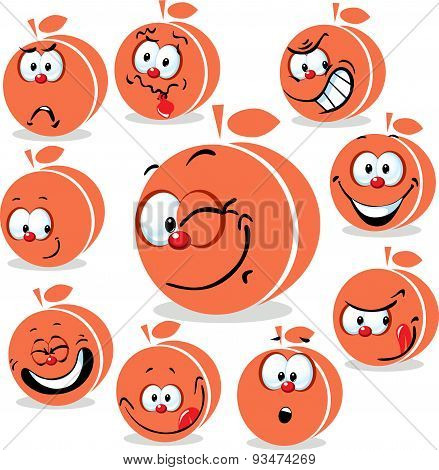 Peach Or Apricot  Icon Cartoon With Funny Faces Isolated On White