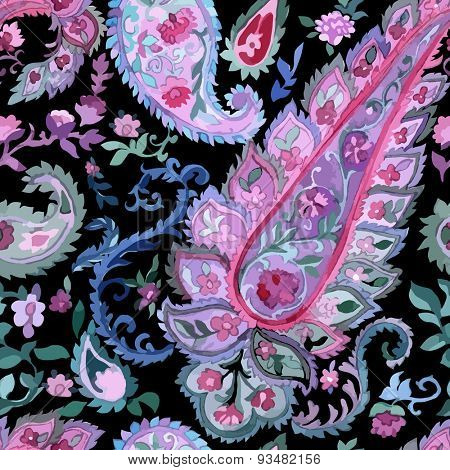 Watercolor paisley seamless background. Cold colors. Indian, persian or turkish art. Vector pattern.