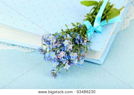 Forget-me-nots flowers on book, on blue background