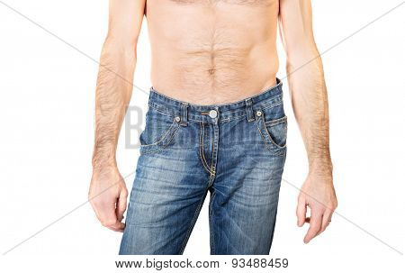Close up on shirtless men in jeans trousers. 