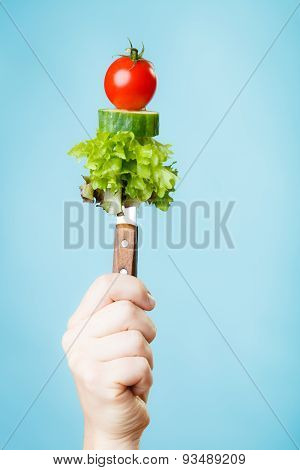 Stack Of Vegetales On Knife In Hand