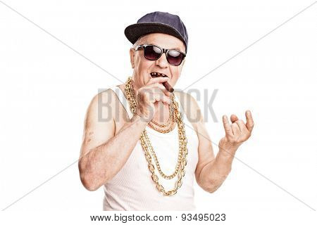 Toothless senior rapper smoking a cigar and making a hardcore sign with his hand isolated on white background