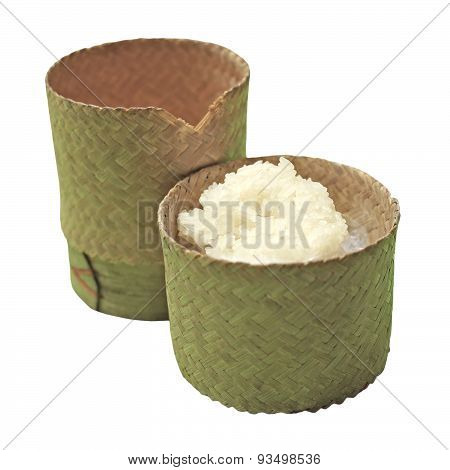 Thai Sticky Rice In A Bamboo Wooden Box On White Background