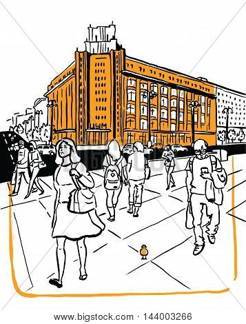 Hand drawn ink line sketch European town Kiev , Ukraine with buildings, outline style. Ink drawing of cityscape. Street perspective view.
